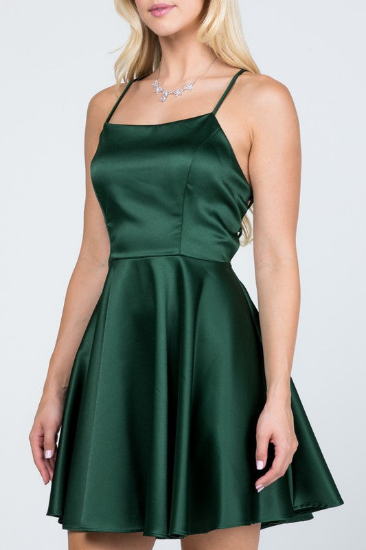Dark green skater dress with open back tie detail