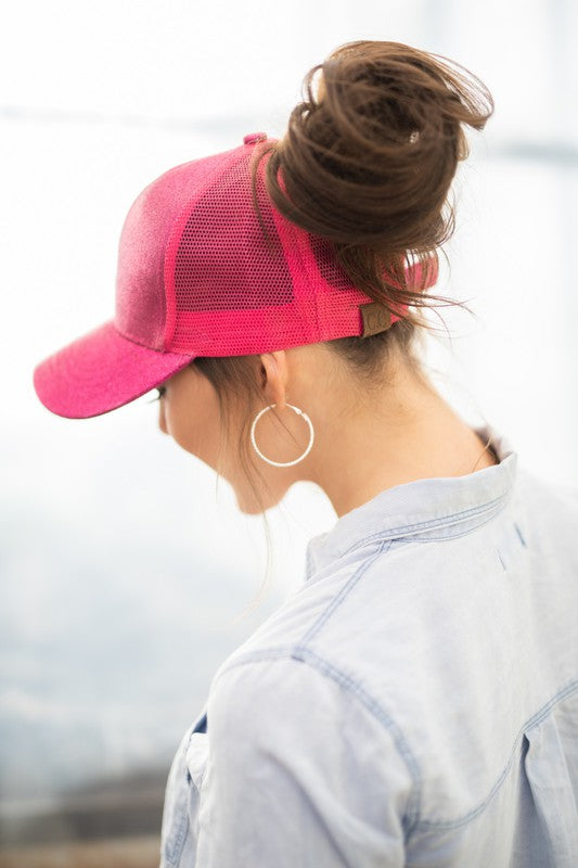 Hot pink glitter high ponytail cap side view
