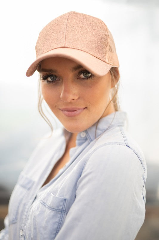 Rose gold glitter high ponytail baseball cap front view