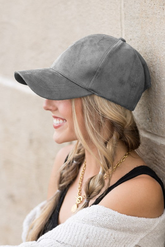 Model wearing grey vegan suede baseball cap, side profile-AVAH