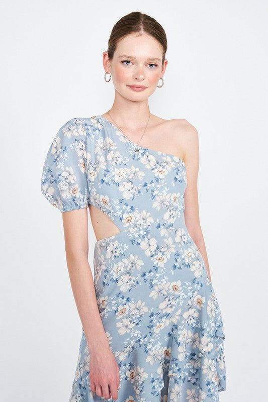 Close-up of puff sleeve and floral print on bodice