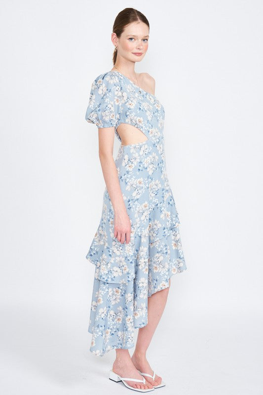 Side view of one-shoulder floral dress with tiered hem