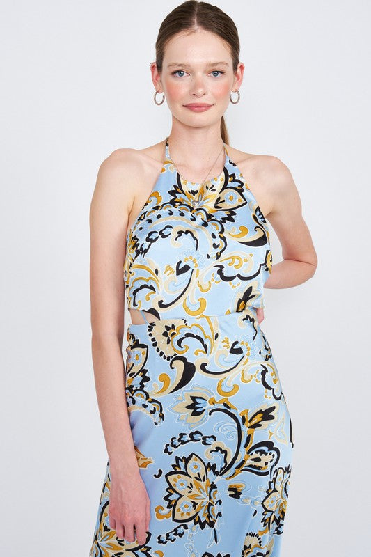 AVAH-Blue Mosaic Halter Neck Midi Dress-Baroque Print