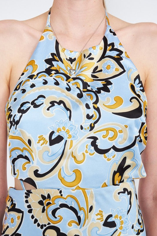 AVAH-Blue Mosaic Halter Neck Midi Dress-Baroque Print