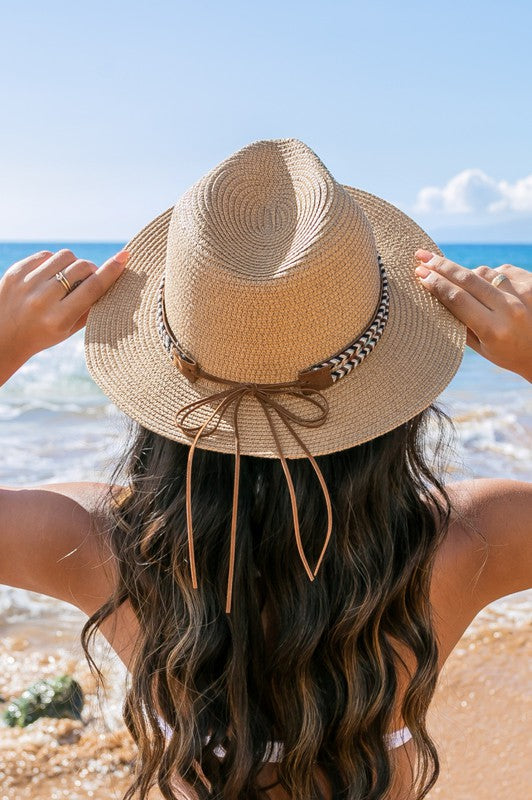Rear view of khaki straw hat showing structured crown and tie accent