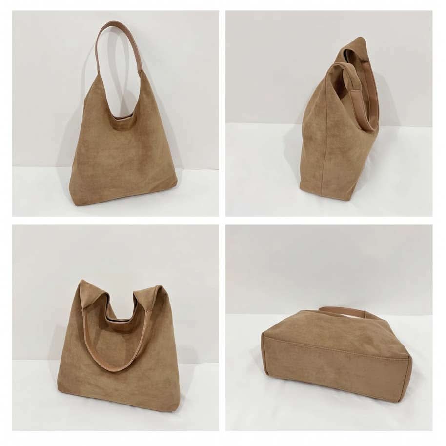 Front, side and base views of fawn suede-look hobo bag.