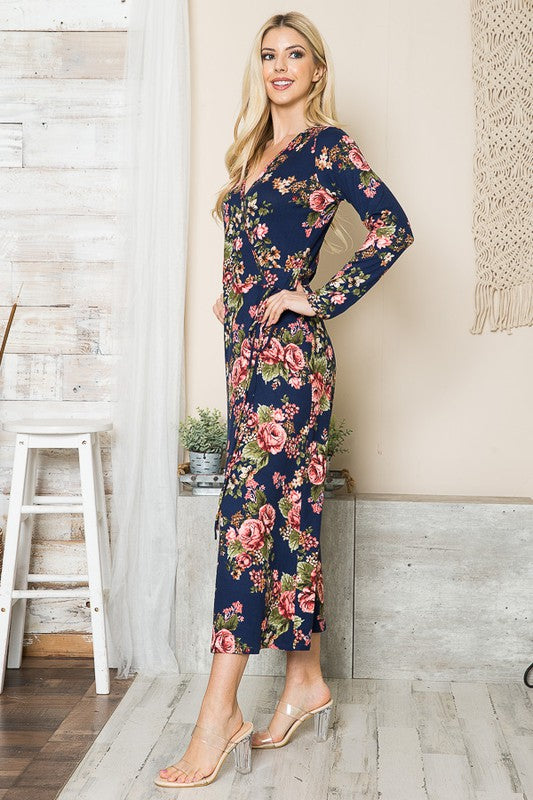 Side view of navy wrap maxi dress with floral print