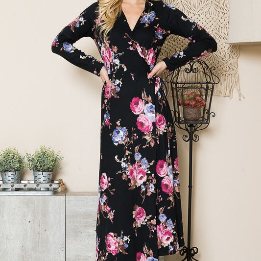 AVAH-Woman in black floral wrap maxi dress with waist tie