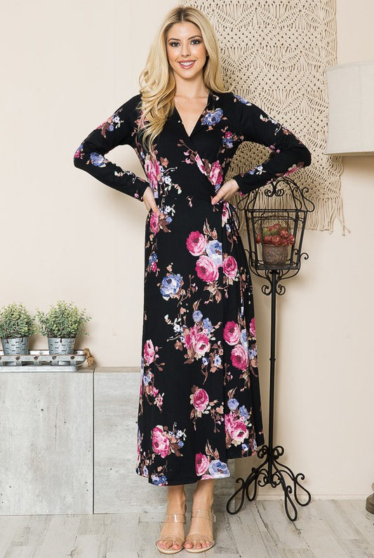 AVAH-Woman in black floral wrap maxi dress with waist tie