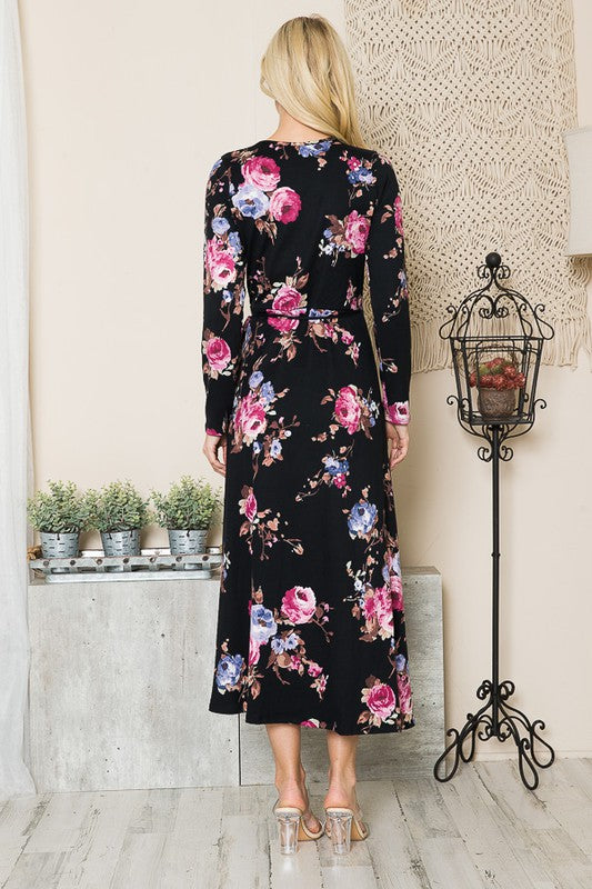 Full back view of black floral wrap dress with flattering drape