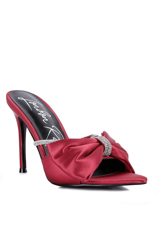 Burgundy Red satin stiletto mule with rhinestone-wrapped bow detail, angled front view