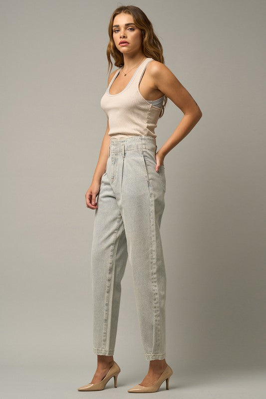 AVAH-Heightened Pleated Front High Waist Barrel Jeans-Light Wash