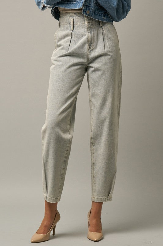 AVAH-Heightened Pleated Front High Waist Barrel Jeans-Light Wash