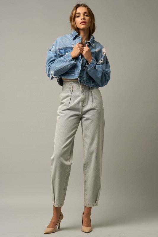 AVAH-Heightened Pleated Front High Waist Barrel Jeans-Light Wash