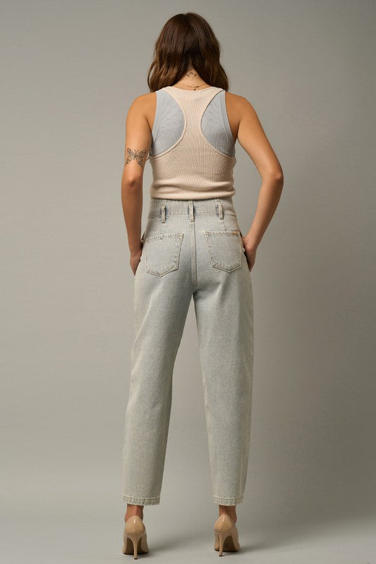 AVAH-Heightened Pleated Front High Waist Barrel Jeans-Light Wash