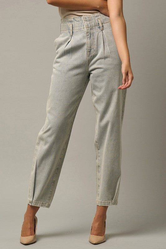 AVAH-Heightened Pleated Front High Waist Barrel Jeans-Light Wash