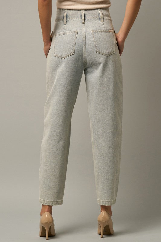 AVAH-Heightened Pleated Front High Waist Barrel Jeans-Light Wash
