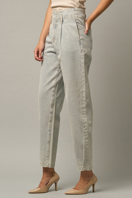 AVAH-Heightened Pleated Front High Waist Barrel Jeans-Light Wash