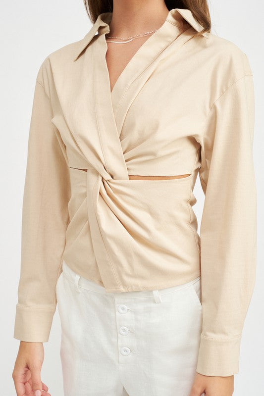 AVAH beige collared blouse close-up showing crossover knot detail and cutout waist