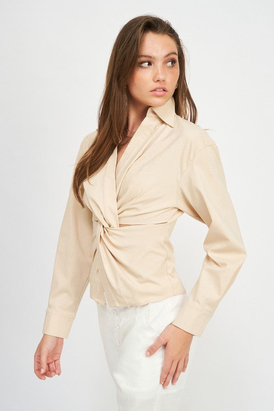 AVAH modern collared long sleeve blouse side view highlighting draped front design
