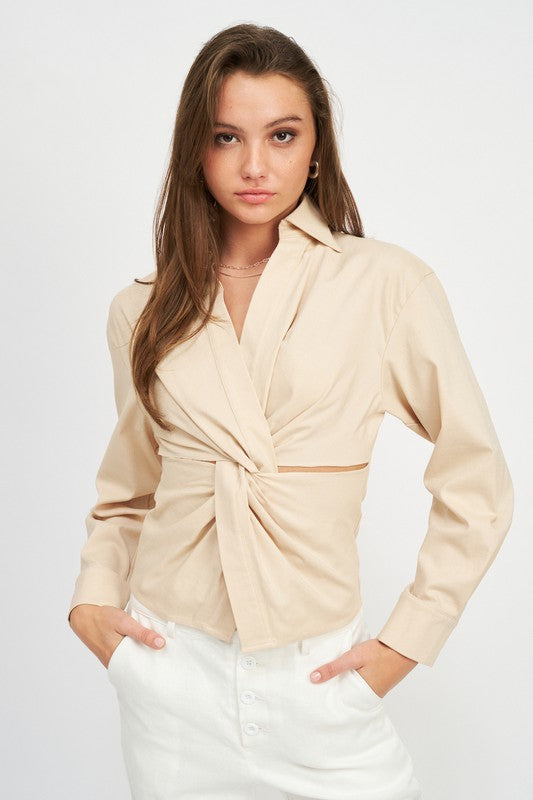 AVAH neutral twist front blouse with collar and long sleeves, front view on model
