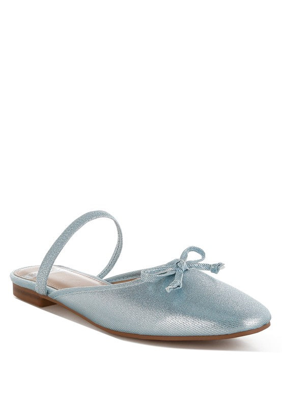 Baby blue shimmer ballet flats with bow detail