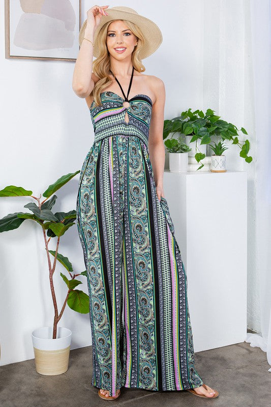 Alexandra Halter Neck Wide Leg Jumpsuit-Black Combo-Avah Couture