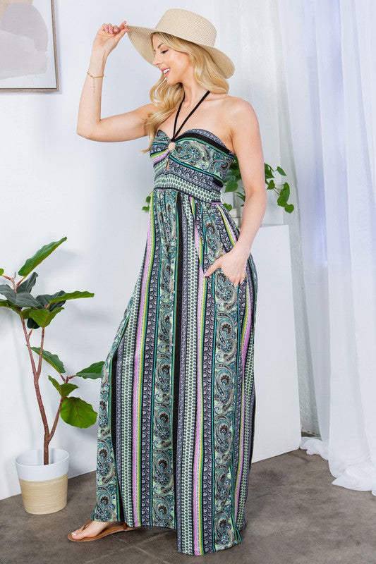 Alexandra Halter Neck Wide Leg Jumpsuit-Black Combo-Avah Couture