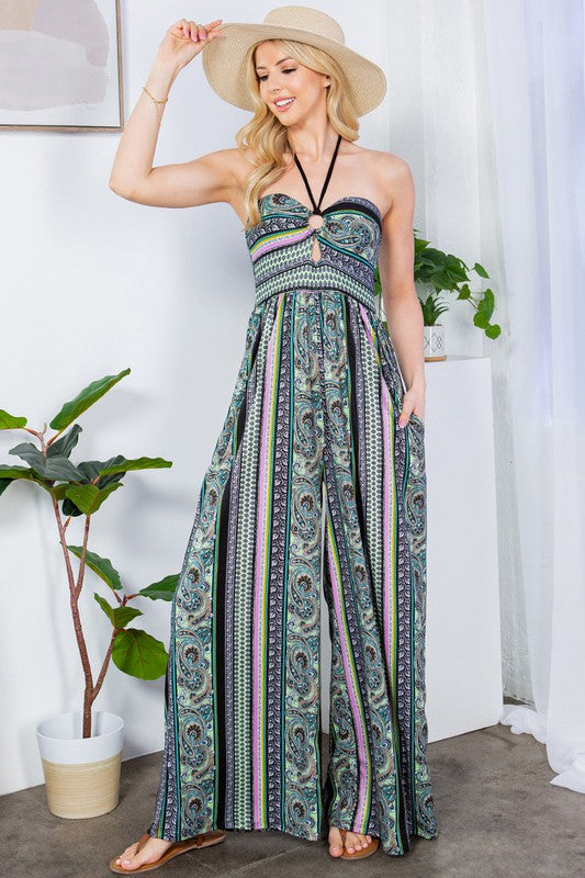 Alexandra Halter Neck Wide Leg Jumpsuit-Black Combo-Avah Couture