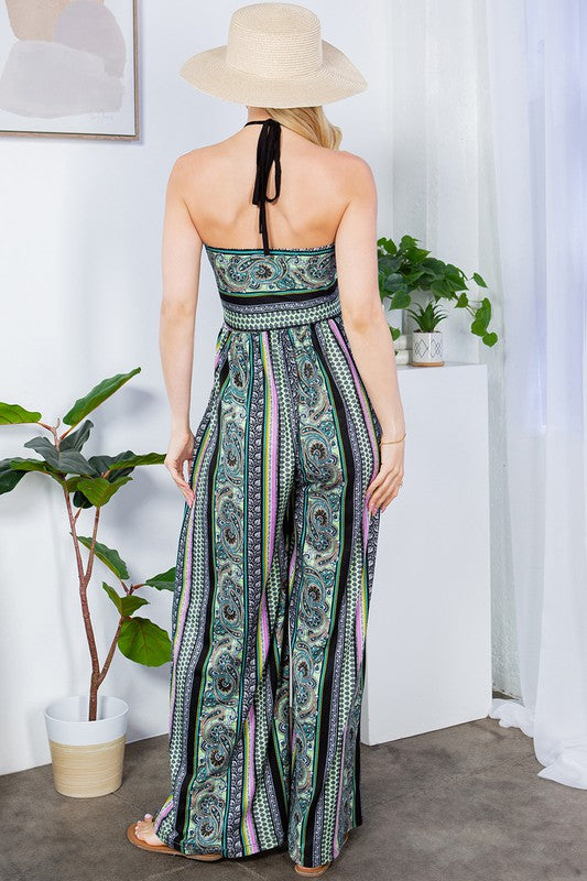 Alexandra Halter Neck Wide Leg Jumpsuit-Black Combo-Avah Couture
