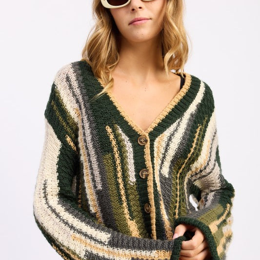 Model wearing olive striped knit cardigan with button front and beige pants-AVAH