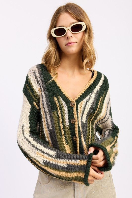 Model wearing olive striped knit cardigan with button front and beige pants-AVAH