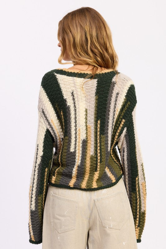 Back view of olive striped knit cardigan showing relaxed silhouette and multitone pattern
