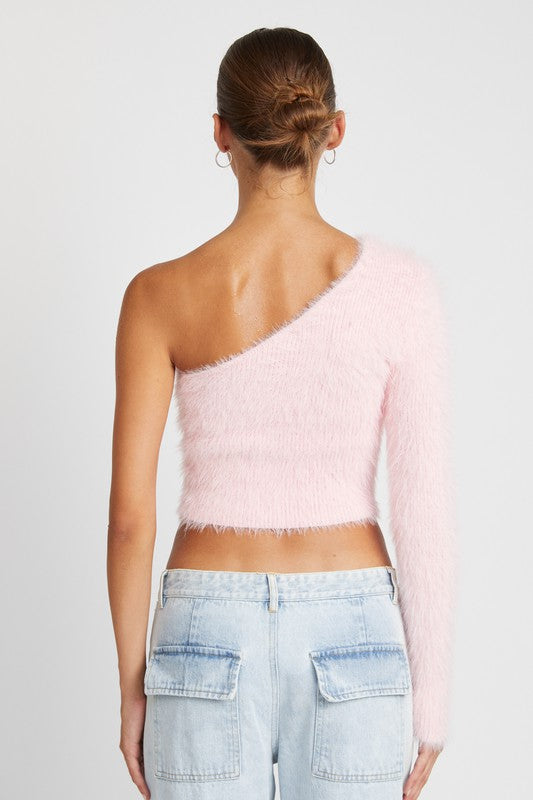 Audrey Asymmetrical One-Shoulder Fluffy Sweater Top-Pink-Avah