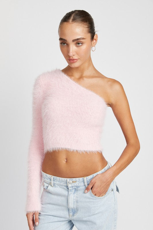 Audrey Asymmetrical One-Shoulder Fluffy Sweater Top-Pink-Avah