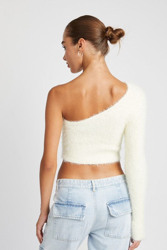 Audrey Asymmetrical One-Shoulder Fluffy Sweater Top-Cream-Avah