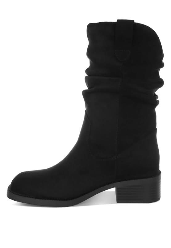 Side profile of black slouch faux suede mid-calf boot with pull tab detail-AVAH
