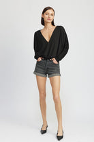 Elegance Unraveled V-Neck Long Sleeve Top - Black-Avah