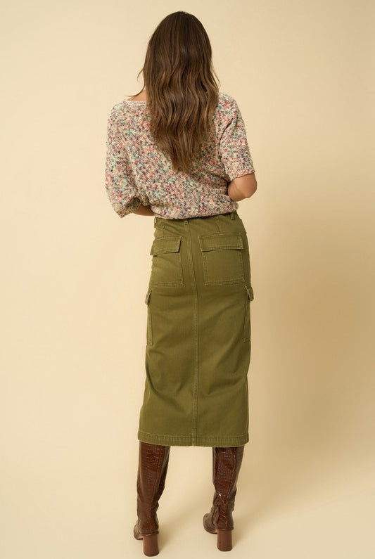 Back view of olive denim midi skirt with large back pockets.