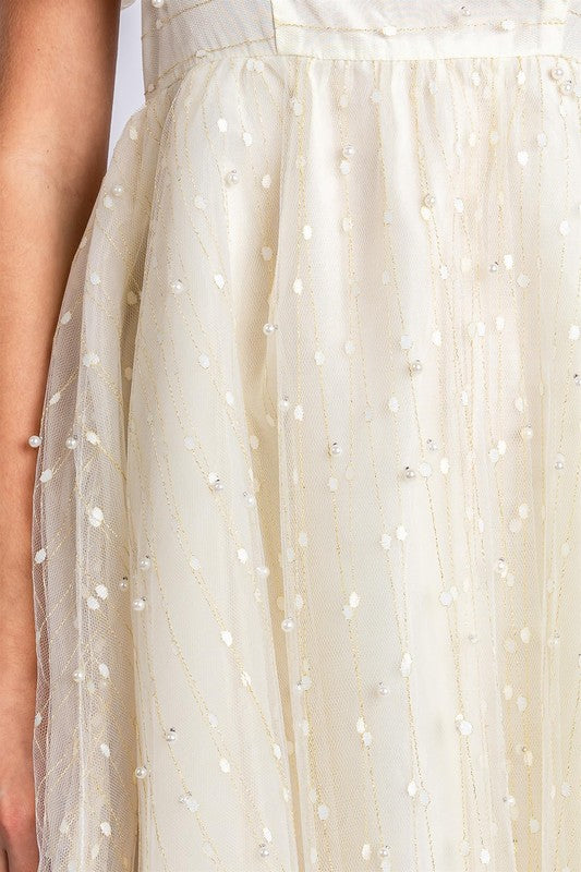 AVAH-Romantic Square Neck Puff Sleeve Babydoll Dress-Cream with Mesh and Pearl