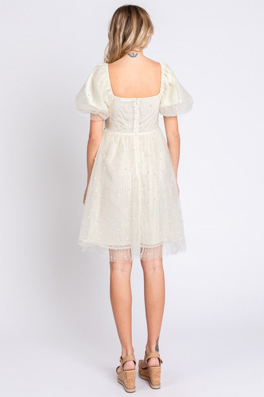 AVAH-Romantic Square Neck Puff Sleeve Babydoll Dress-Cream with Mesh and Pearl