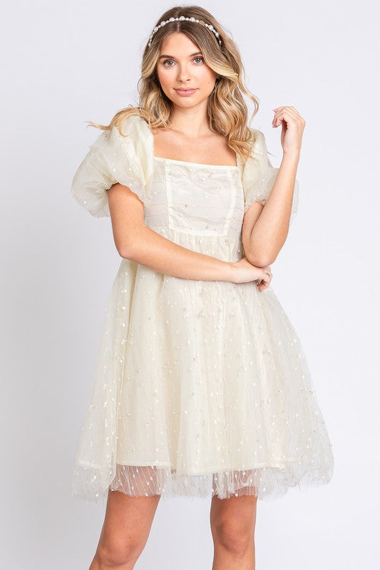AVAH-Romantic Square Neck Puff Sleeve Babydoll Dress-Cream with Mesh and Pearl