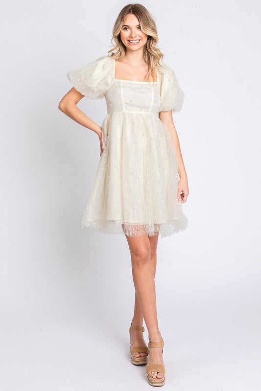 AVAH-Romantic Square Neck Puff Sleeve Babydoll Dress-Cream with Mesh and Pearl