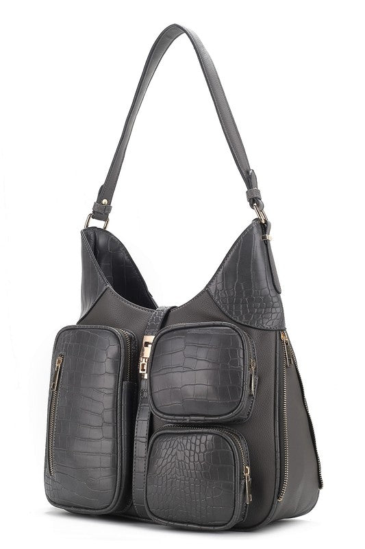 Charcoal crocodile-embossed shoulder handbag with gold hardware and multiple zip pockets