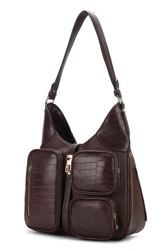 Deep coffee brown textured handbag with front pockets and gold flip-lock closure