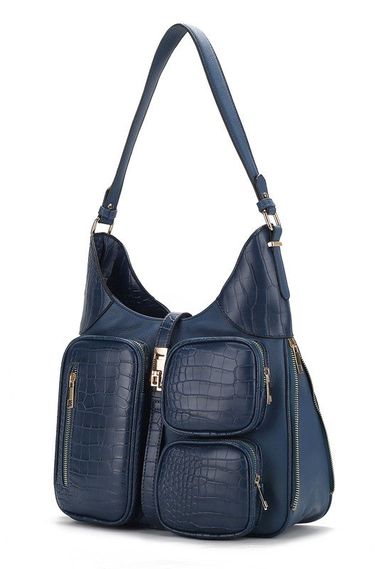Structured navy shoulder bag with croc-embossed finish and gold hardware