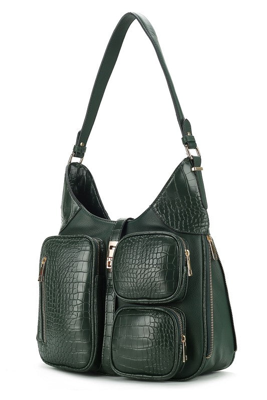Olive green croc-textured hobo handbag with structured shape and gold hardware details.