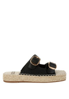 Side view of black leather slip-on espadrille sandal with double buckle straps and jute flatform sole