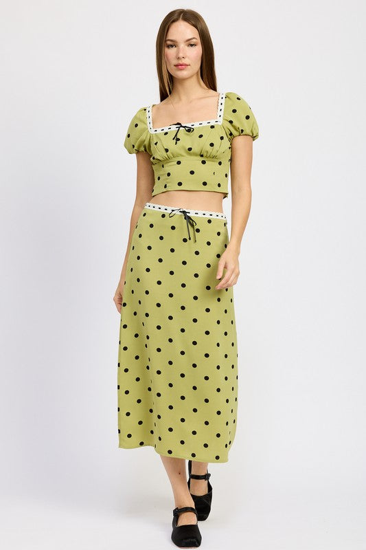 AVAH-Adeline Green Polka Dot Midi Skirt