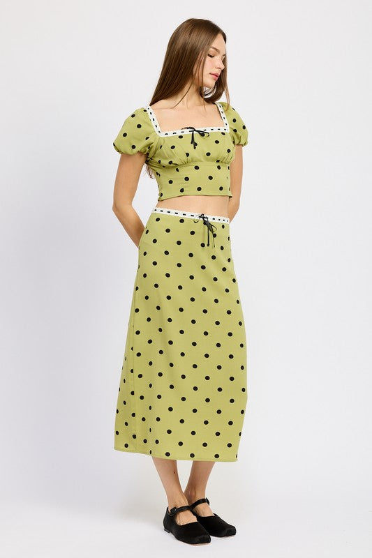 AVAH-Adeline Green Polka Dot Midi Skirt